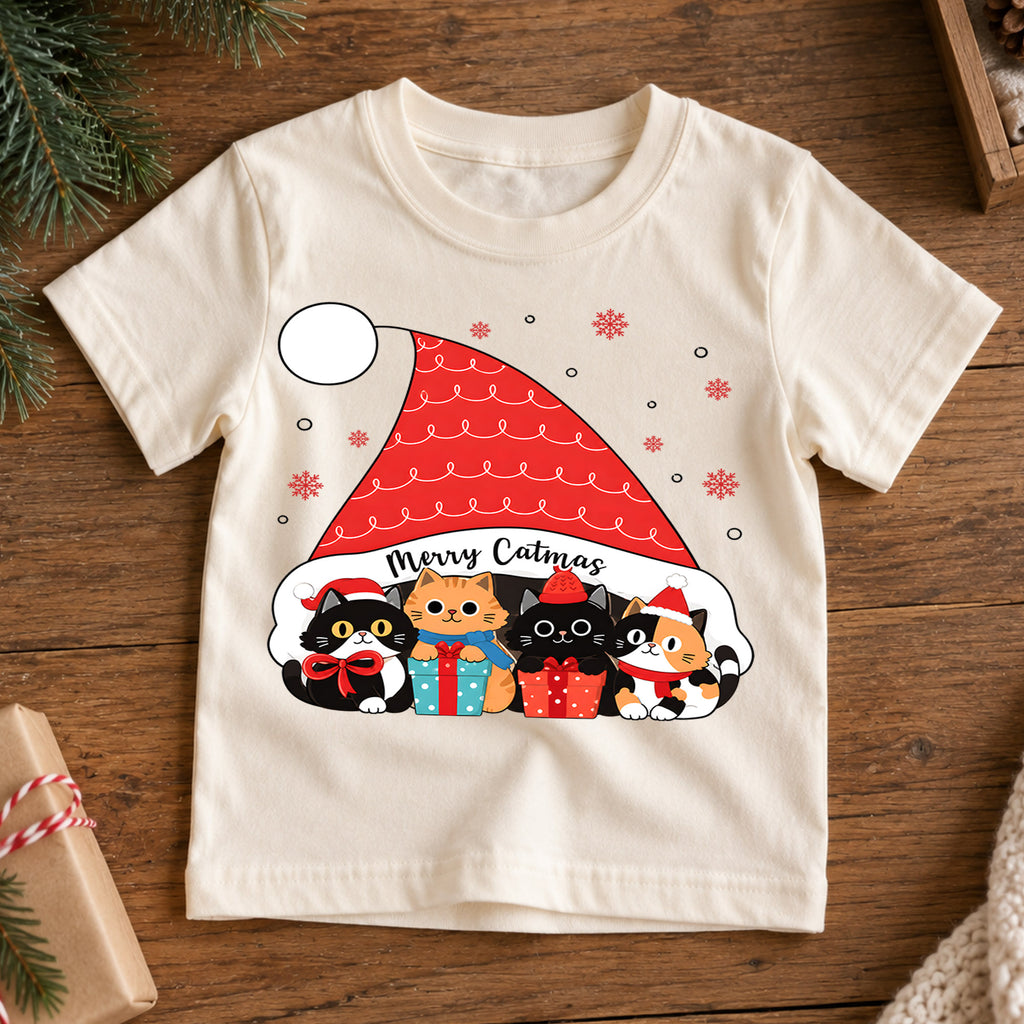 Merry Catmas Shirt, Cute Christmas Cats Kids T-Shirt, Kittens In Santa Hat Toddler Tee, Holiday Kitten Lover Graphic Top, Cats Xmas Gift — product view 7
