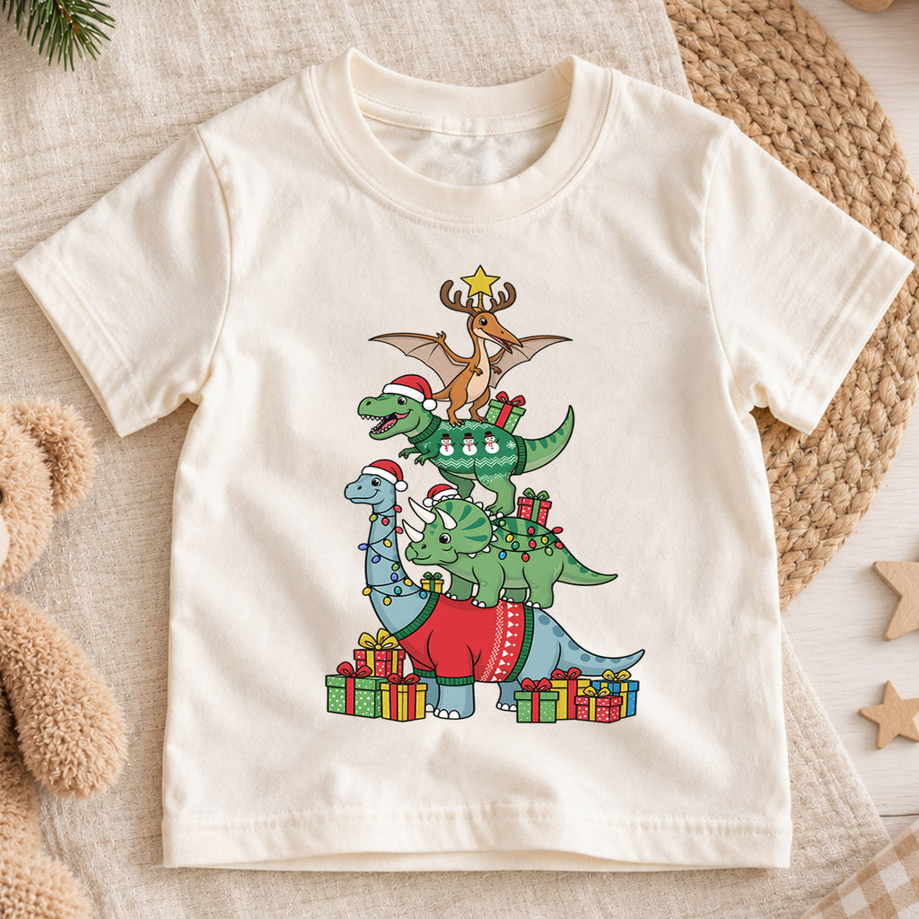 Dinosaur Christmas Tree Shirt, Cute Dino Holiday Kids T-Shirt, T-Rex Brachiosaurus Toddler Tee, Christmas Tree Graphic Top, Boys Xmas Gift — product view 1