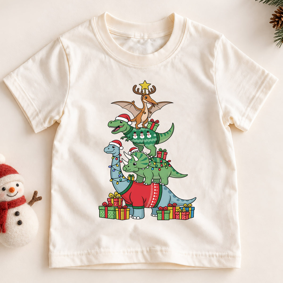Dinosaur Christmas Tree Shirt, Cute Dino Holiday Kids T-Shirt, T-Rex Brachiosaurus Toddler Tee, Christmas Tree Graphic Top, Boys Xmas Gift — product view 2