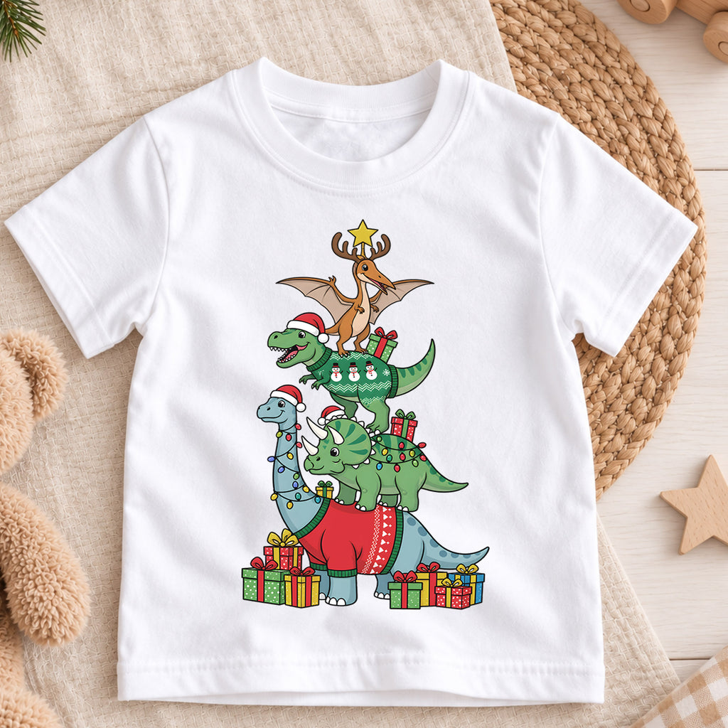 Dinosaur Christmas Tree Shirt, Cute Dino Holiday Kids T-Shirt, T-Rex Brachiosaurus Toddler Tee, Christmas Tree Graphic Top, Boys Xmas Gift — product view 3