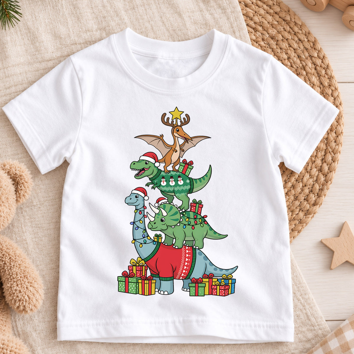 Dinosaur Christmas Tree Shirt, Cute Dino Holiday Kids T-Shirt, T-Rex Brachiosaurus Toddler Tee, Christmas Tree Graphic Top, Boys Xmas Gift — product view 3