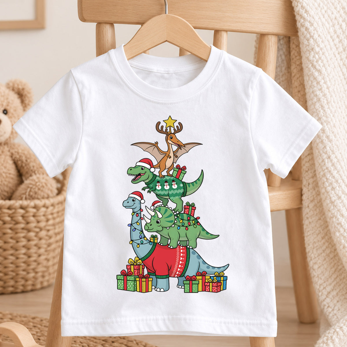 Dinosaur Christmas Tree Shirt, Cute Dino Holiday Kids T-Shirt, T-Rex Brachiosaurus Toddler Tee, Christmas Tree Graphic Top, Boys Xmas Gift — product view 4