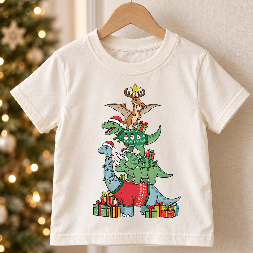Dinosaur Christmas Tree Shirt, Cute Dino Holiday Kids T-Shirt, T-Rex Brachiosaurus Toddler Tee, Christmas Tree Graphic Top, Boys Xmas Gift — product view 5