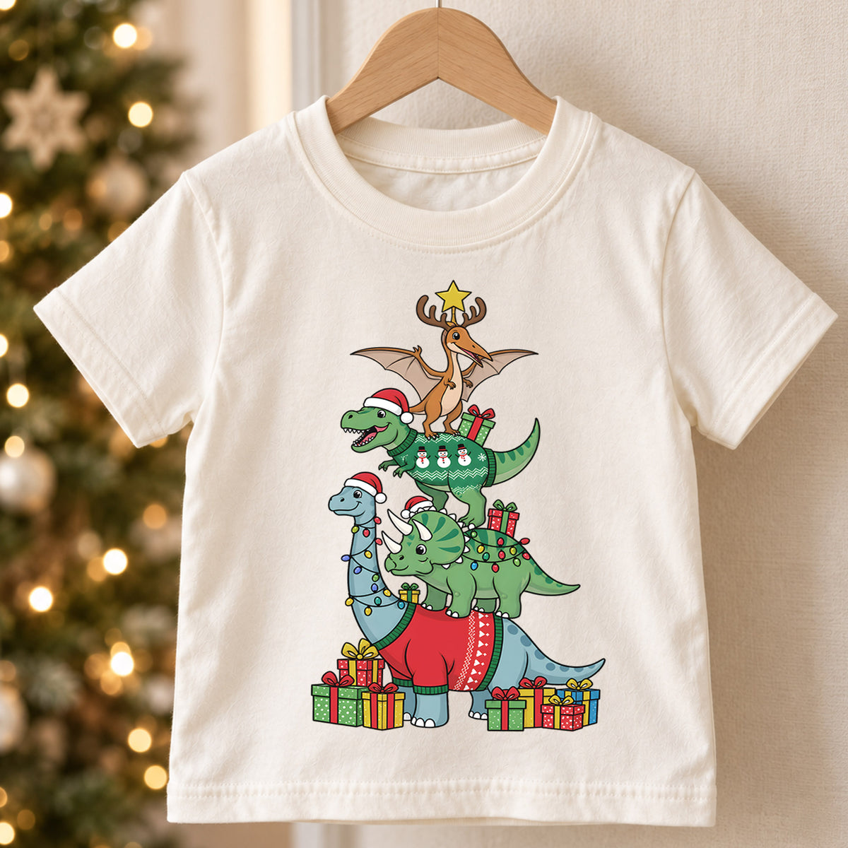 Dinosaur Christmas Tree Shirt, Cute Dino Holiday Kids T-Shirt, T-Rex Brachiosaurus Toddler Tee, Christmas Tree Graphic Top, Boys Xmas Gift — product view 5