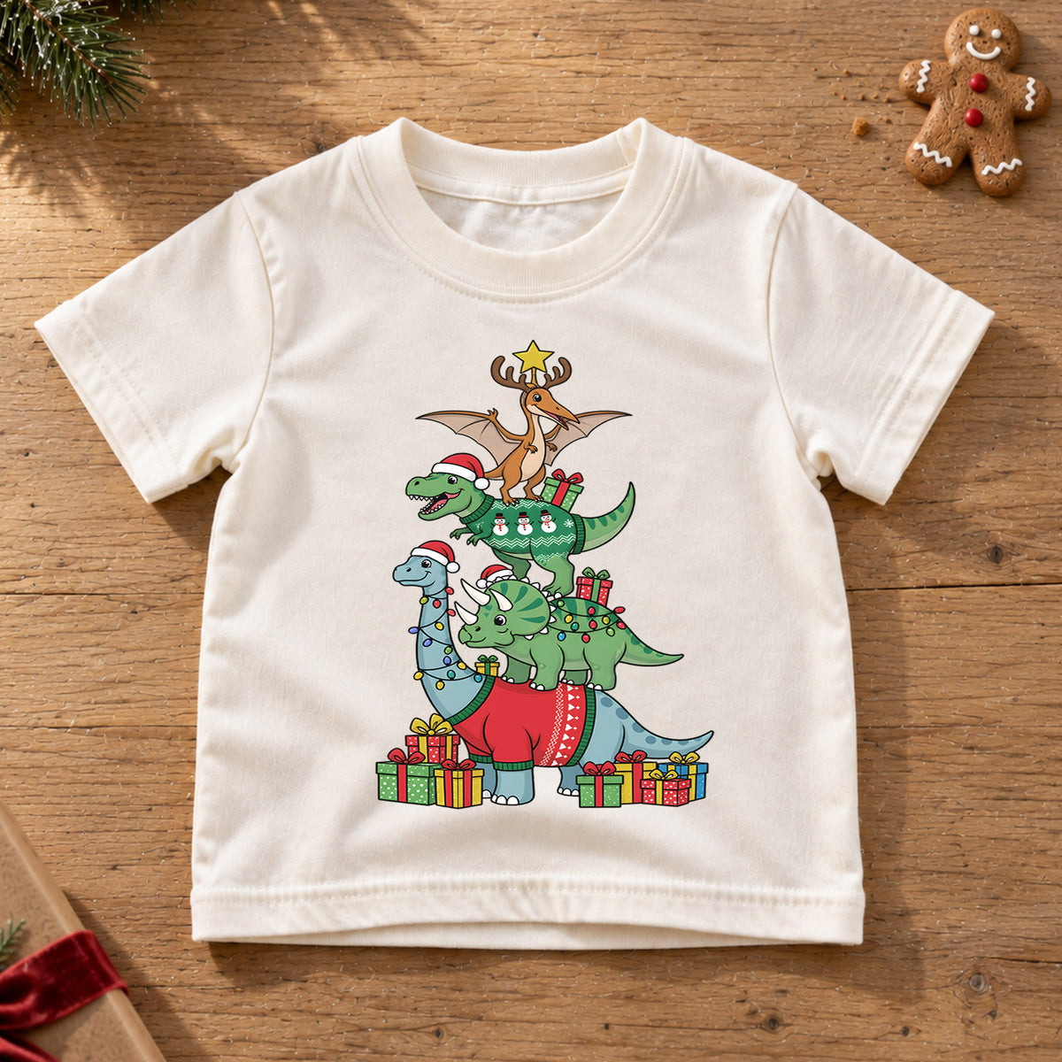 Dinosaur Christmas Tree Shirt, Cute Dino Holiday Kids T-Shirt, T-Rex Brachiosaurus Toddler Tee, Christmas Tree Graphic Top, Boys Xmas Gift — product view 6