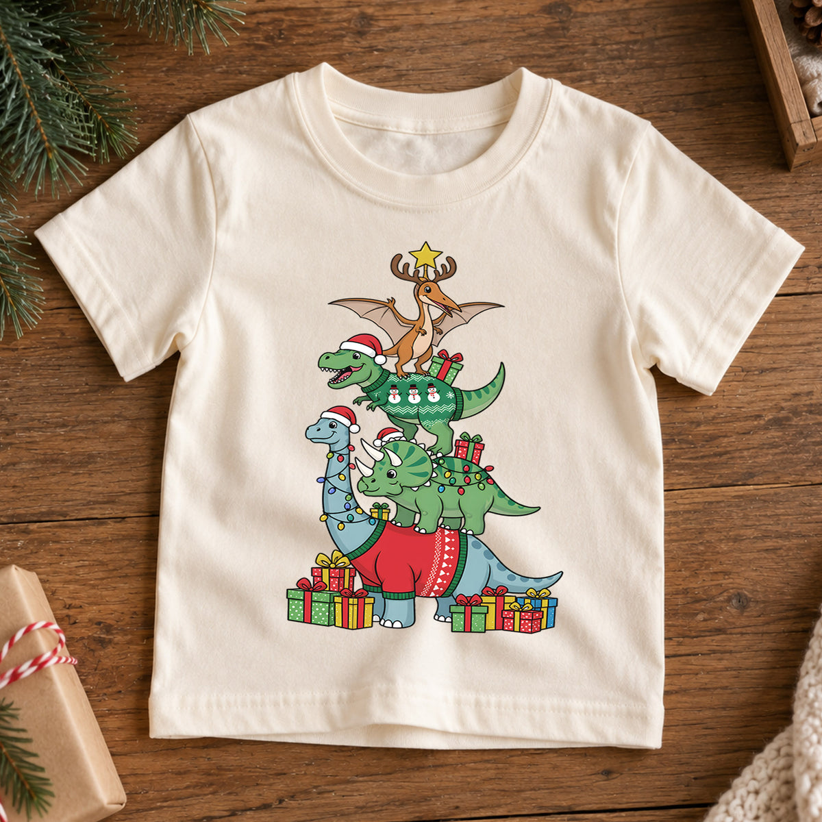 Dinosaur Christmas Tree Shirt, Cute Dino Holiday Kids T-Shirt, T-Rex Brachiosaurus Toddler Tee, Christmas Tree Graphic Top, Boys Xmas Gift — product view 7