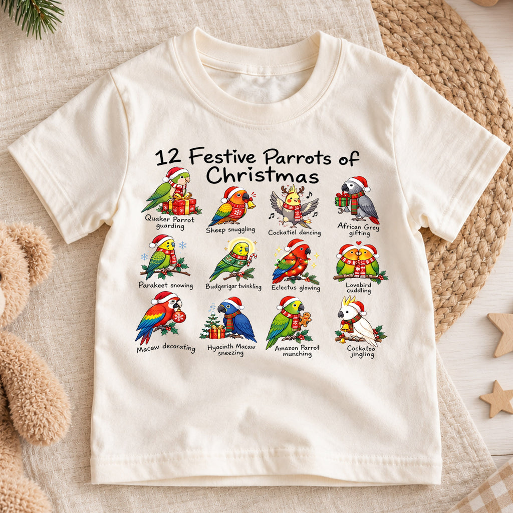 12 Festive Parrots Christmas Shirt, Cute Birds Holiday Kids T-Shirt, Parrot Lover Toddler Tee, Macaw Cockatoo Graphic Top, Pet Bird Xmas Gift — product view 1