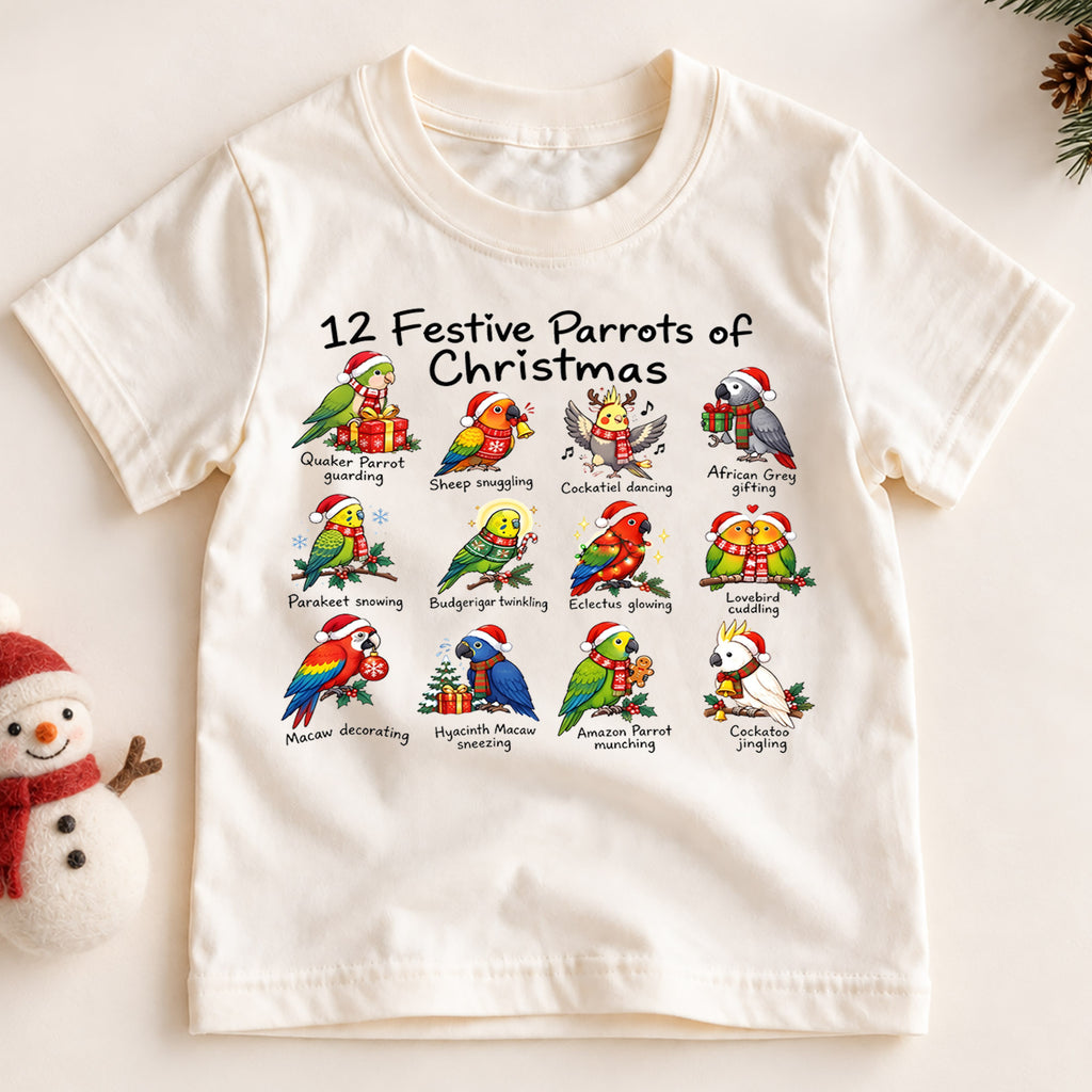 12 Festive Parrots Christmas Shirt, Cute Birds Holiday Kids T-Shirt, Parrot Lover Toddler Tee, Macaw Cockatoo Graphic Top, Pet Bird Xmas Gift — product view 2