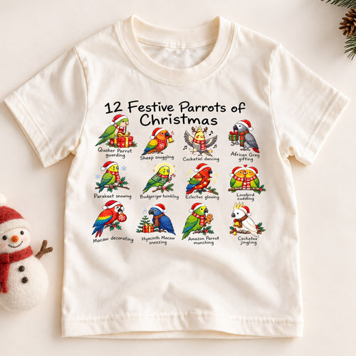 12 Festive Parrots Christmas Shirt, Cute Birds Holiday Kids T-Shirt, Parrot Lover Toddler Tee, Macaw Cockatoo Graphic Top, Pet Bird Xmas Gift — product view 2