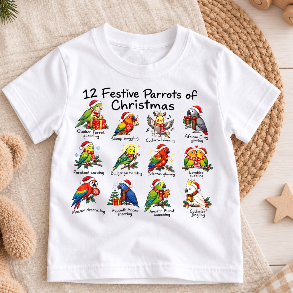 12 Festive Parrots Christmas Shirt, Cute Birds Holiday Kids T-Shirt, Parrot Lover Toddler Tee, Macaw Cockatoo Graphic Top, Pet Bird Xmas Gift — product view 3