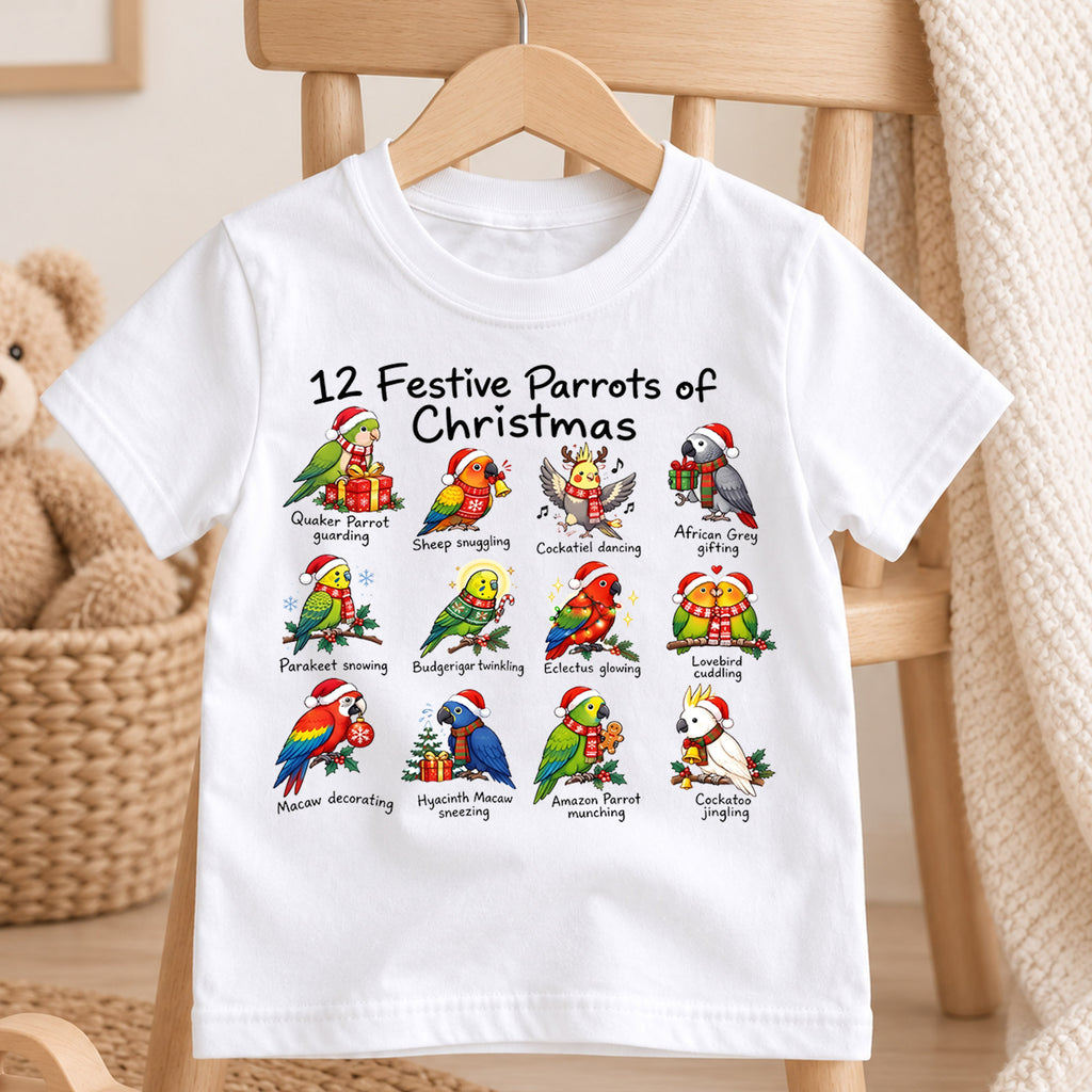 12 Festive Parrots Christmas Shirt, Cute Birds Holiday Kids T-Shirt, Parrot Lover Toddler Tee, Macaw Cockatoo Graphic Top, Pet Bird Xmas Gift — product view 4