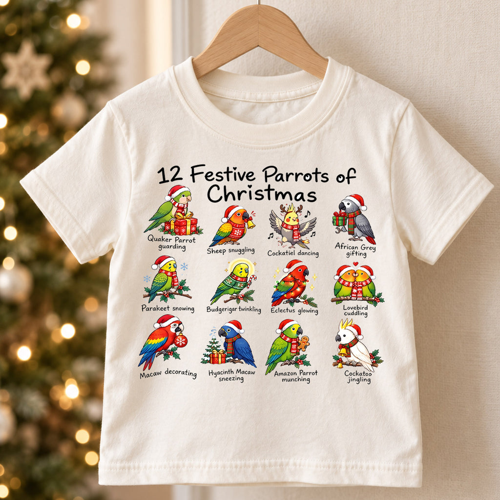 12 Festive Parrots Christmas Shirt, Cute Birds Holiday Kids T-Shirt, Parrot Lover Toddler Tee, Macaw Cockatoo Graphic Top, Pet Bird Xmas Gift — product view 5