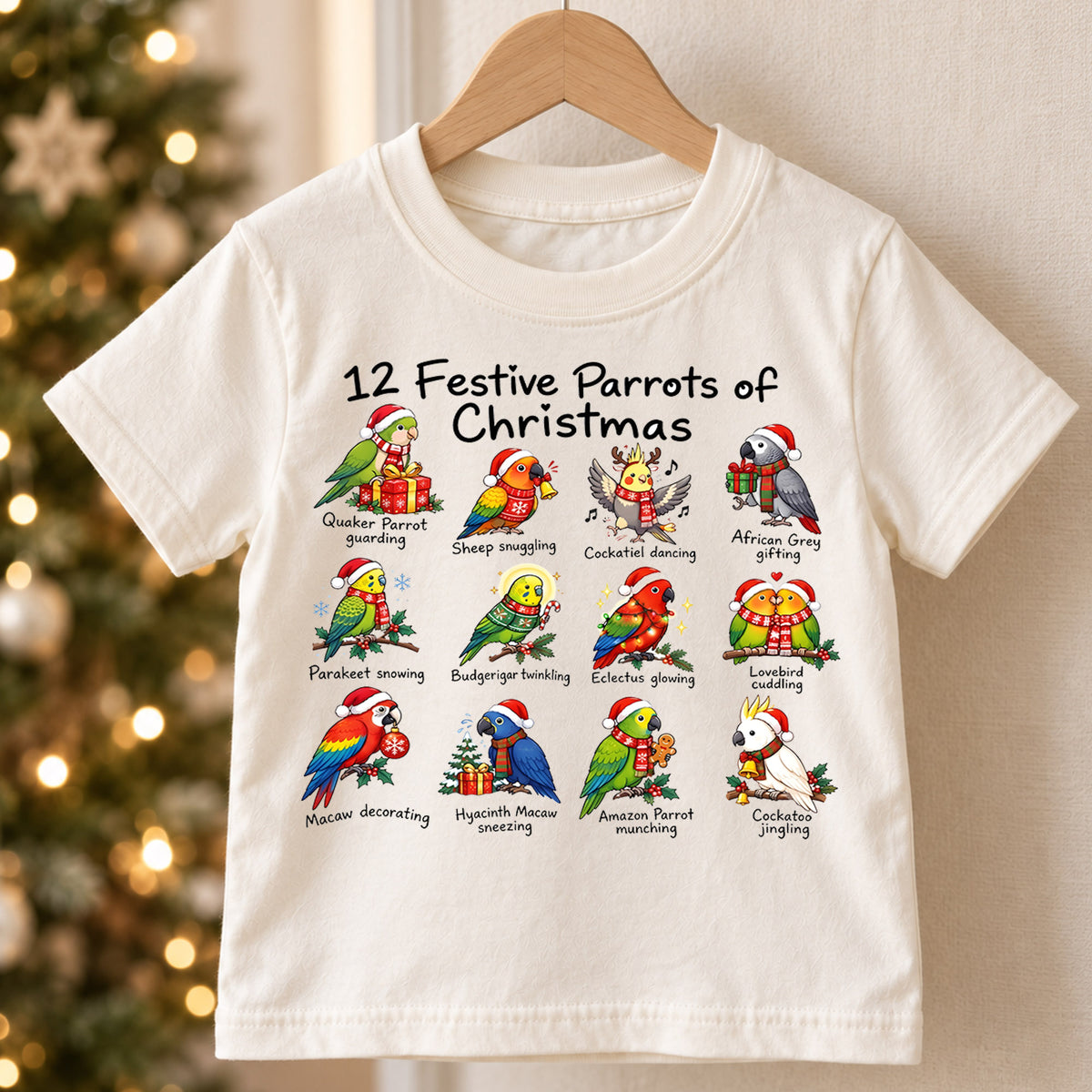 12 Festive Parrots Christmas Shirt, Cute Birds Holiday Kids T-Shirt, Parrot Lover Toddler Tee, Macaw Cockatoo Graphic Top, Pet Bird Xmas Gift — product view 5
