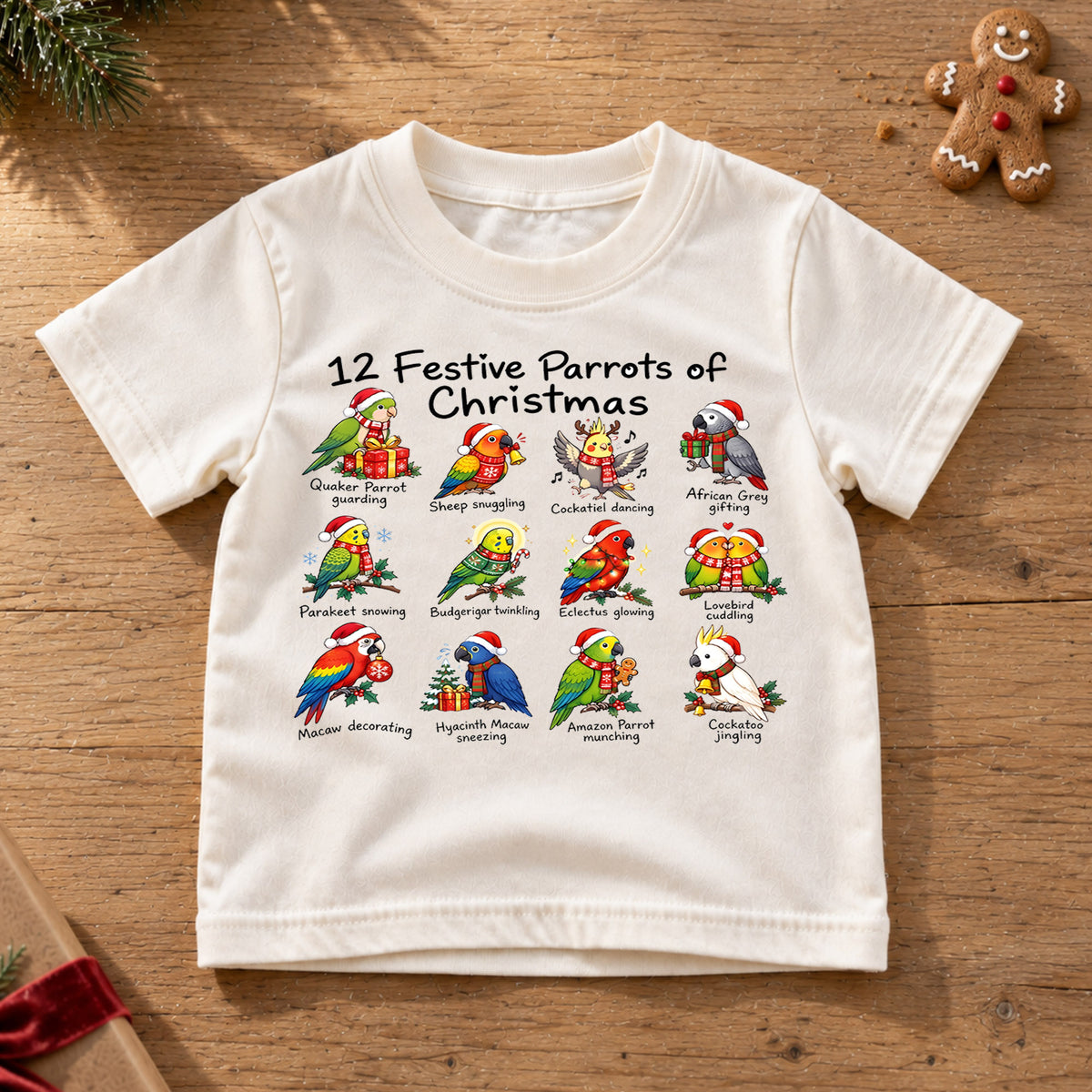 12 Festive Parrots Christmas Shirt, Cute Birds Holiday Kids T-Shirt, Parrot Lover Toddler Tee, Macaw Cockatoo Graphic Top, Pet Bird Xmas Gift — product view 6