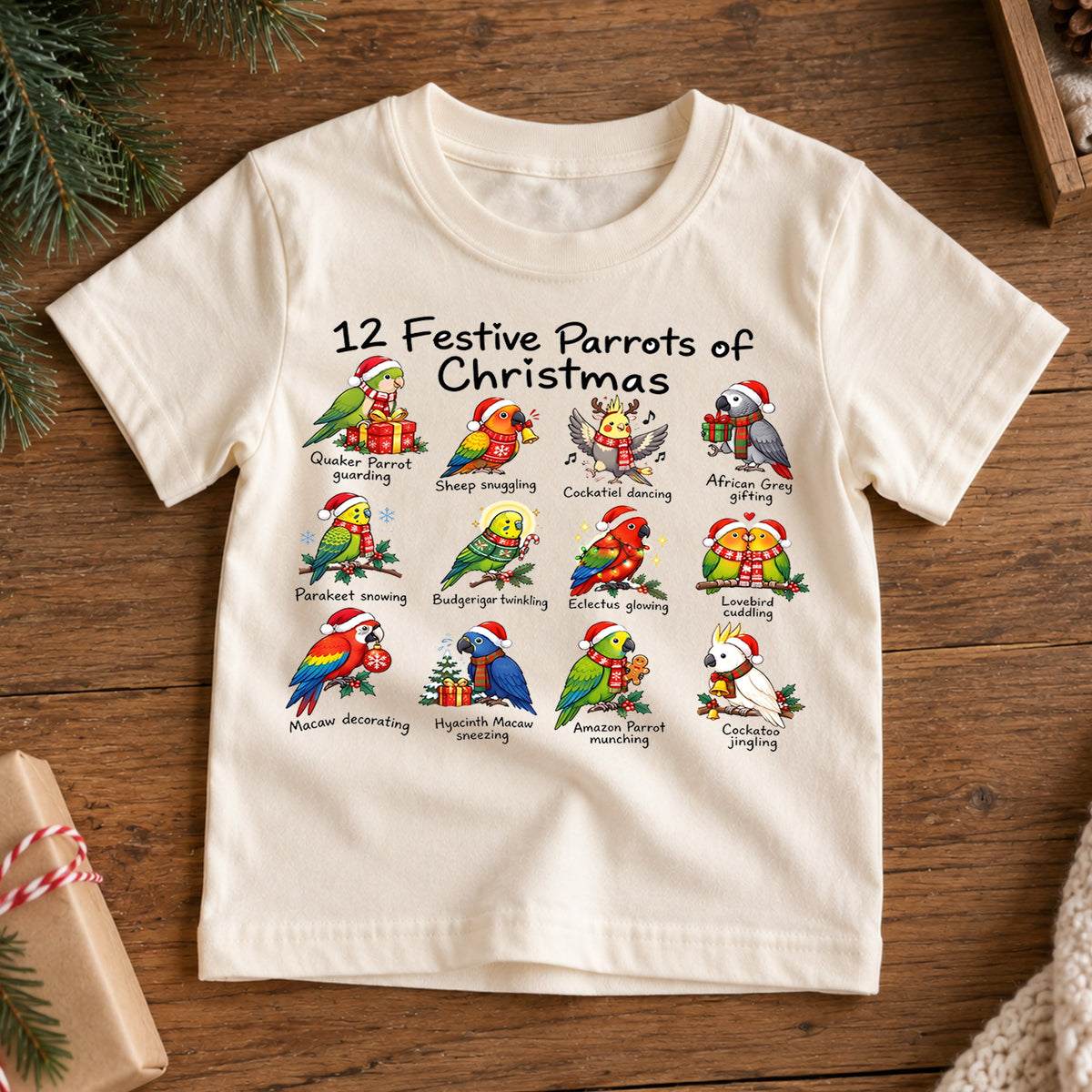 12 Festive Parrots Christmas Shirt, Cute Birds Holiday Kids T-Shirt, Parrot Lover Toddler Tee, Macaw Cockatoo Graphic Top, Pet Bird Xmas Gift — product view 7