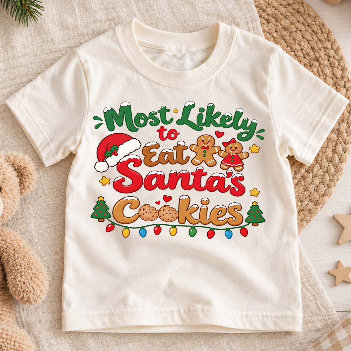 Most Likely To Eat Santas Cookies Shirt, Funny Christmas Kids T-Shirt, Cute Gingerbread Toddler Tee, Cookie Lover Graphic Top, Xmas Kids Gift — product view 1