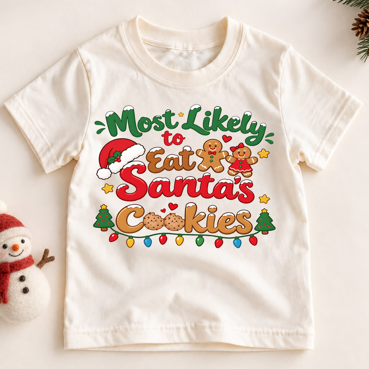 Most Likely To Eat Santas Cookies Shirt, Funny Christmas Kids T-Shirt, Cute Gingerbread Toddler Tee, Cookie Lover Graphic Top, Xmas Kids Gift — product view 2