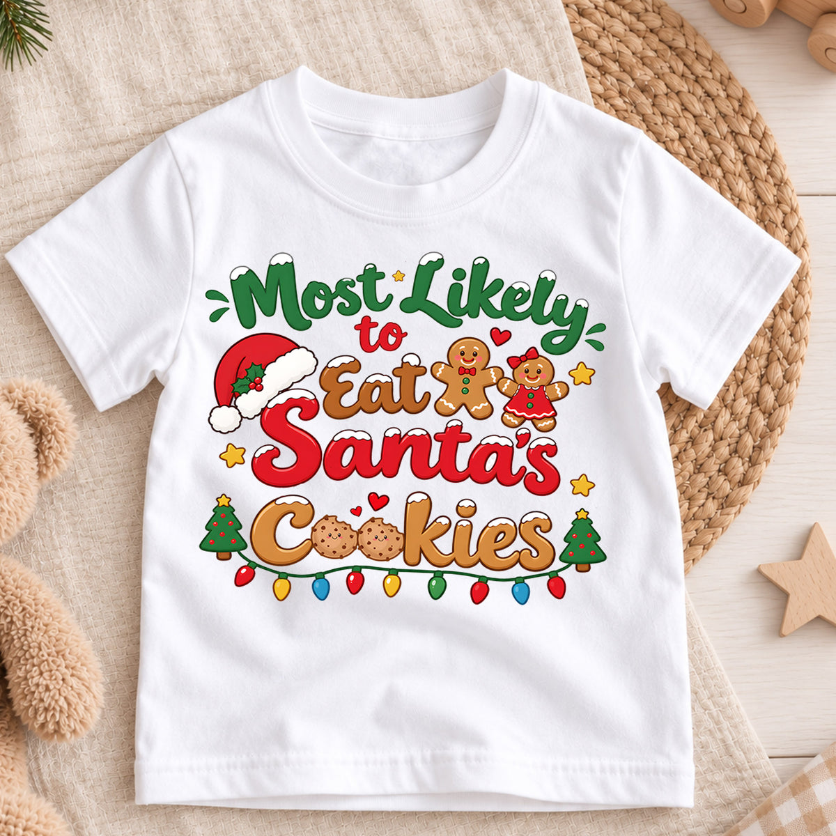 Most Likely To Eat Santas Cookies Shirt, Funny Christmas Kids T-Shirt, Cute Gingerbread Toddler Tee, Cookie Lover Graphic Top, Xmas Kids Gift — product view 3