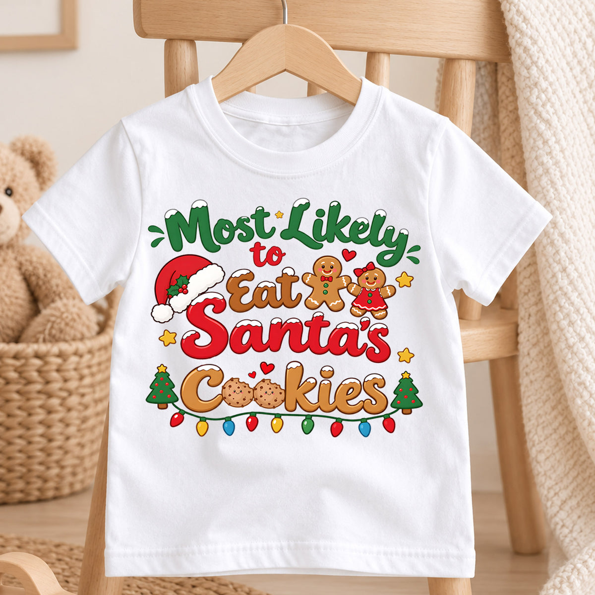 Most Likely To Eat Santas Cookies Shirt, Funny Christmas Kids T-Shirt, Cute Gingerbread Toddler Tee, Cookie Lover Graphic Top, Xmas Kids Gift — product view 4