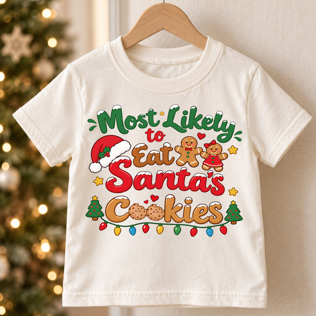 Most Likely To Eat Santas Cookies Shirt, Funny Christmas Kids T-Shirt, Cute Gingerbread Toddler Tee, Cookie Lover Graphic Top, Xmas Kids Gift — product view 5