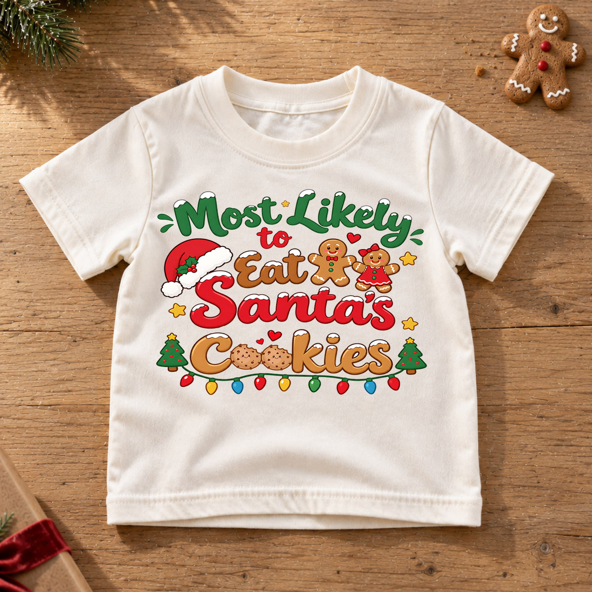 Most Likely To Eat Santas Cookies Shirt, Funny Christmas Kids T-Shirt, Cute Gingerbread Toddler Tee, Cookie Lover Graphic Top, Xmas Kids Gift — product view 6