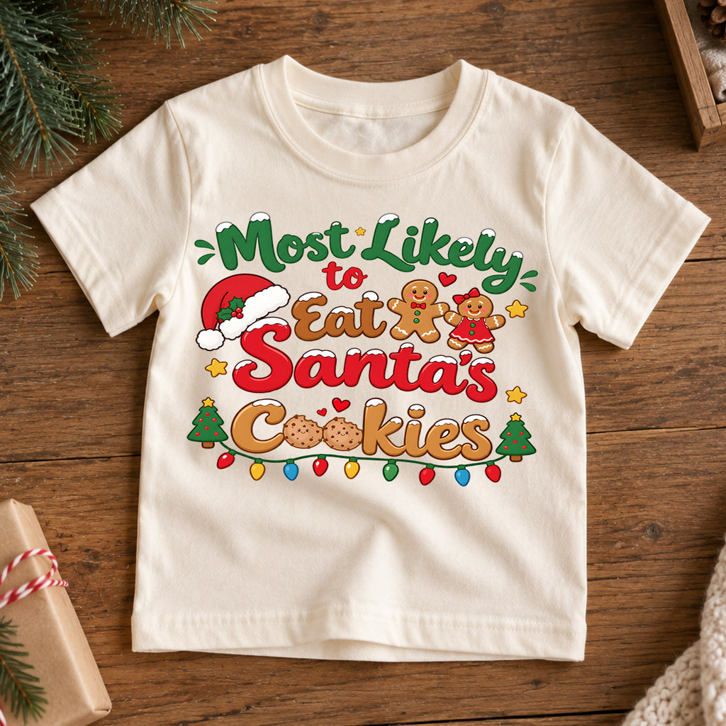 Most Likely To Eat Santas Cookies Shirt, Funny Christmas Kids T-Shirt, Cute Gingerbread Toddler Tee, Cookie Lover Graphic Top, Xmas Kids Gift — product view 7