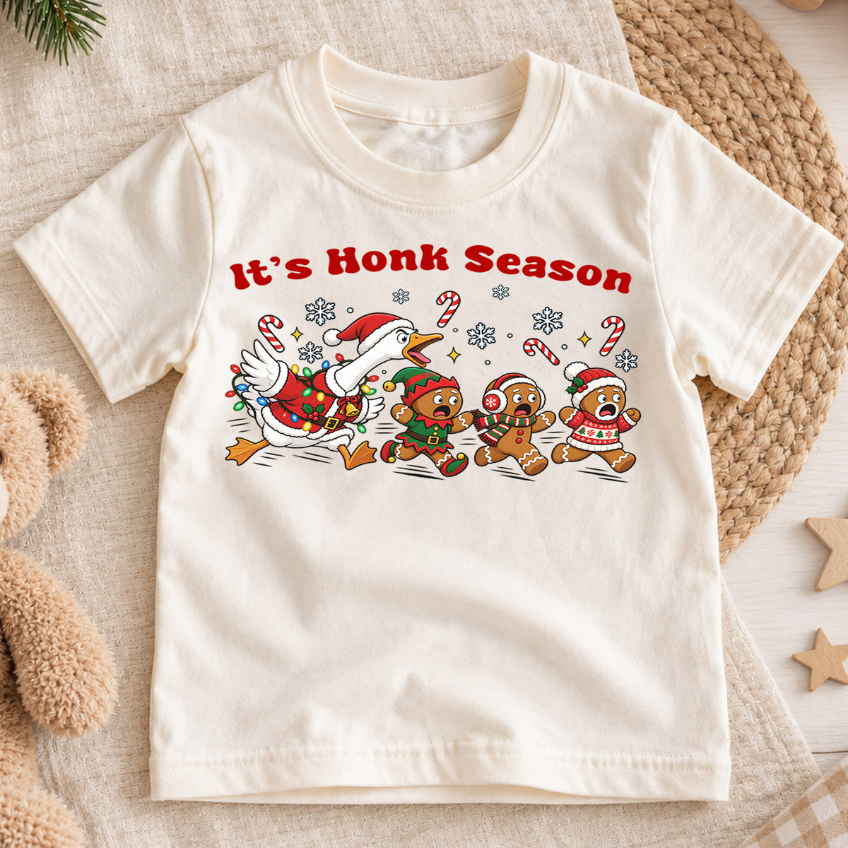 It's Honk Season Shirt, Funny Christmas Goose Kids T-Shirt, Running Gingerbread Toddler Tee, Silly Holiday Duck Graphic Top, Xmas Kids Gift — product view 1