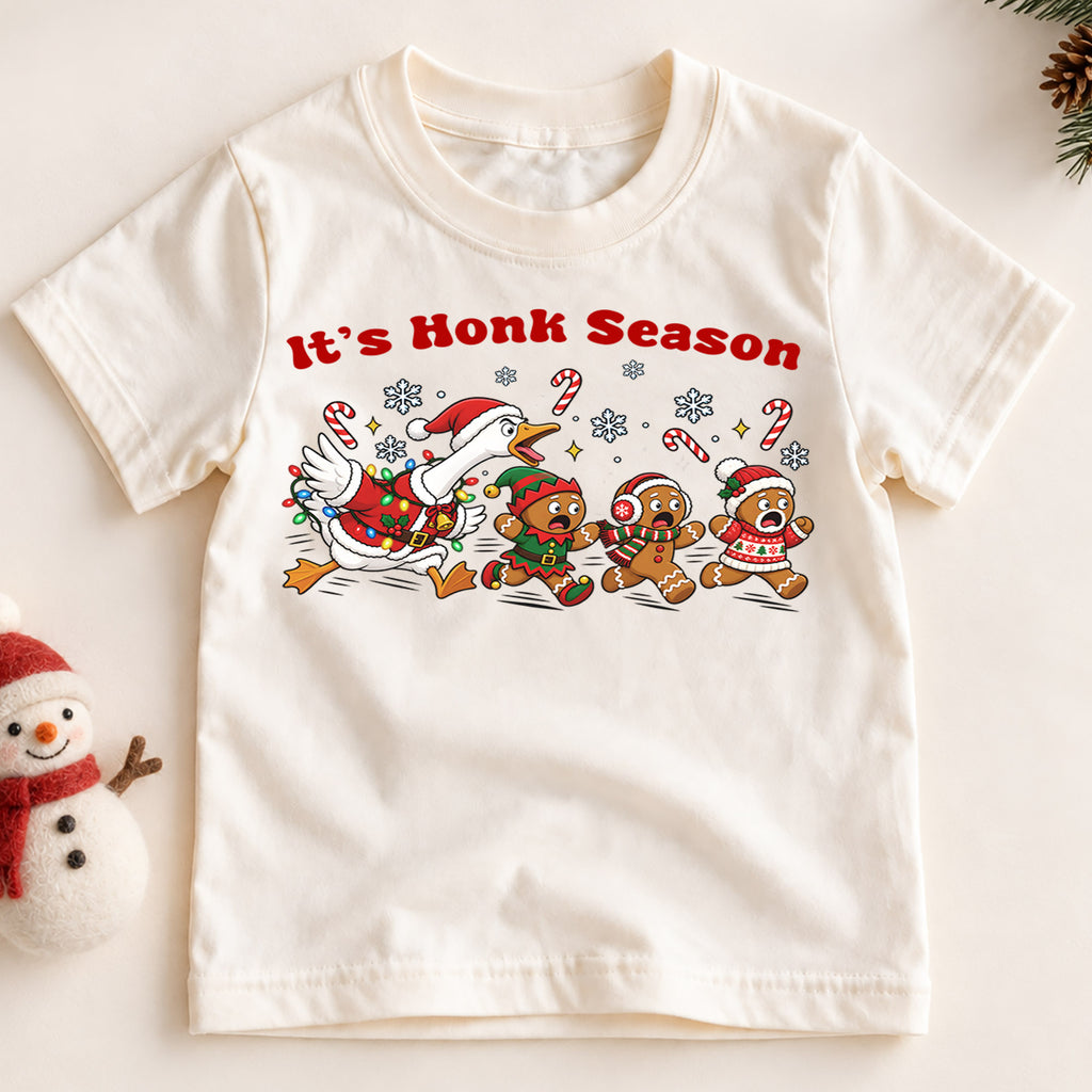 It's Honk Season Shirt, Funny Christmas Goose Kids T-Shirt, Running Gingerbread Toddler Tee, Silly Holiday Duck Graphic Top, Xmas Kids Gift — product view 2