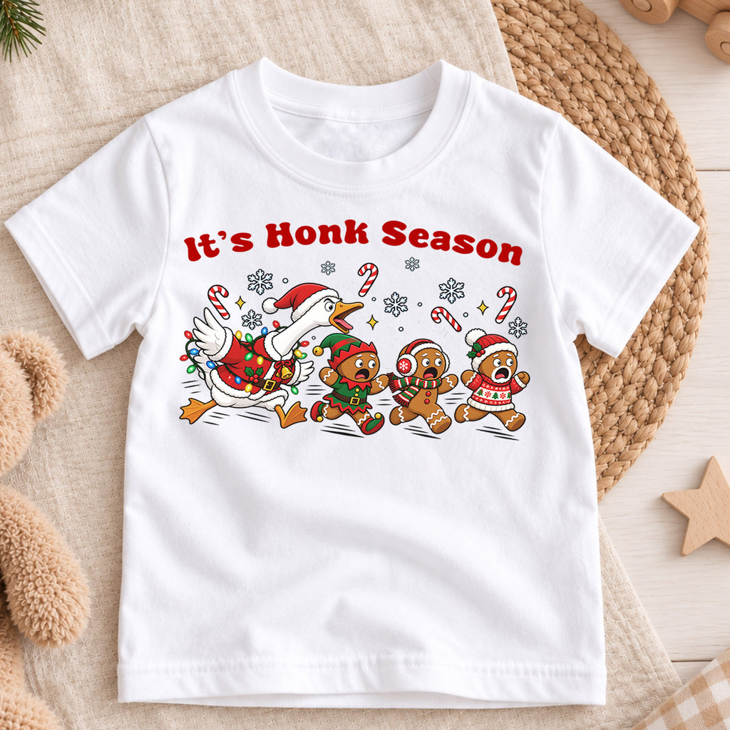 It's Honk Season Shirt, Funny Christmas Goose Kids T-Shirt, Running Gingerbread Toddler Tee, Silly Holiday Duck Graphic Top, Xmas Kids Gift — product view 3