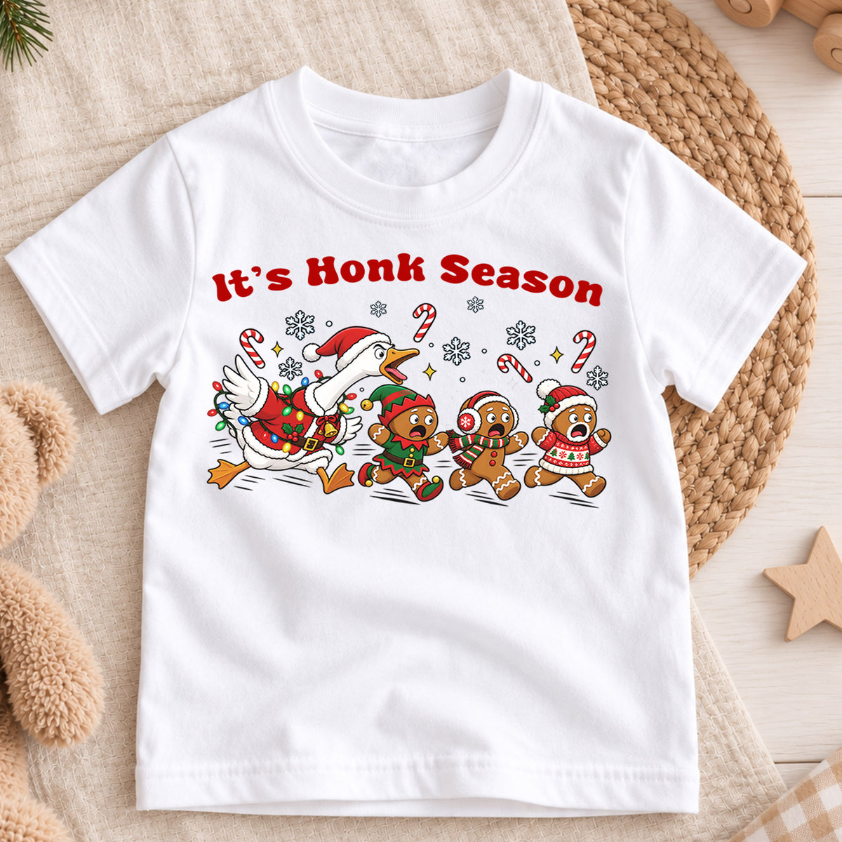 It's Honk Season Shirt, Funny Christmas Goose Kids T-Shirt, Running Gingerbread Toddler Tee, Silly Holiday Duck Graphic Top, Xmas Kids Gift — product view 3
