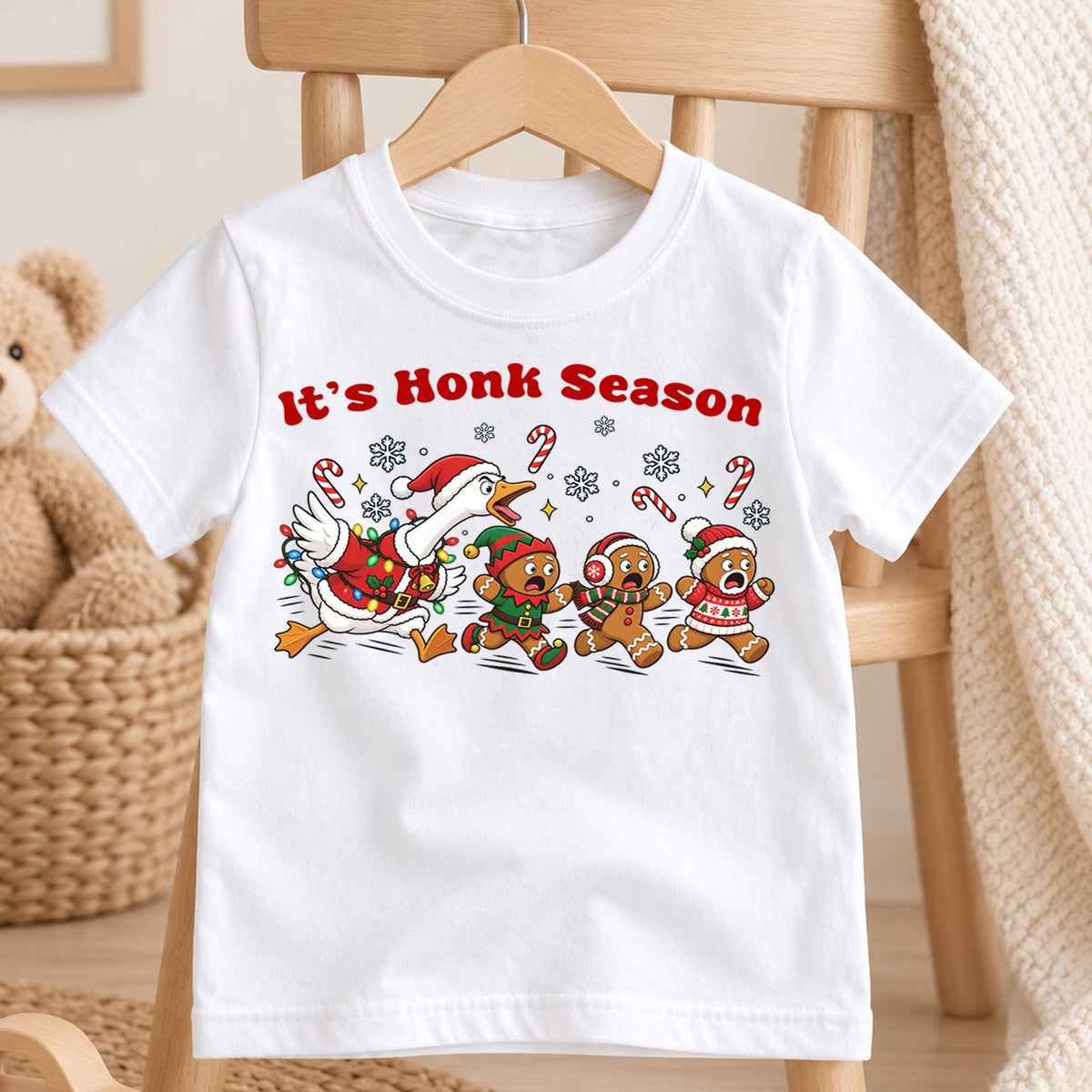 It's Honk Season Shirt, Funny Christmas Goose Kids T-Shirt, Running Gingerbread Toddler Tee, Silly Holiday Duck Graphic Top, Xmas Kids Gift — product view 4