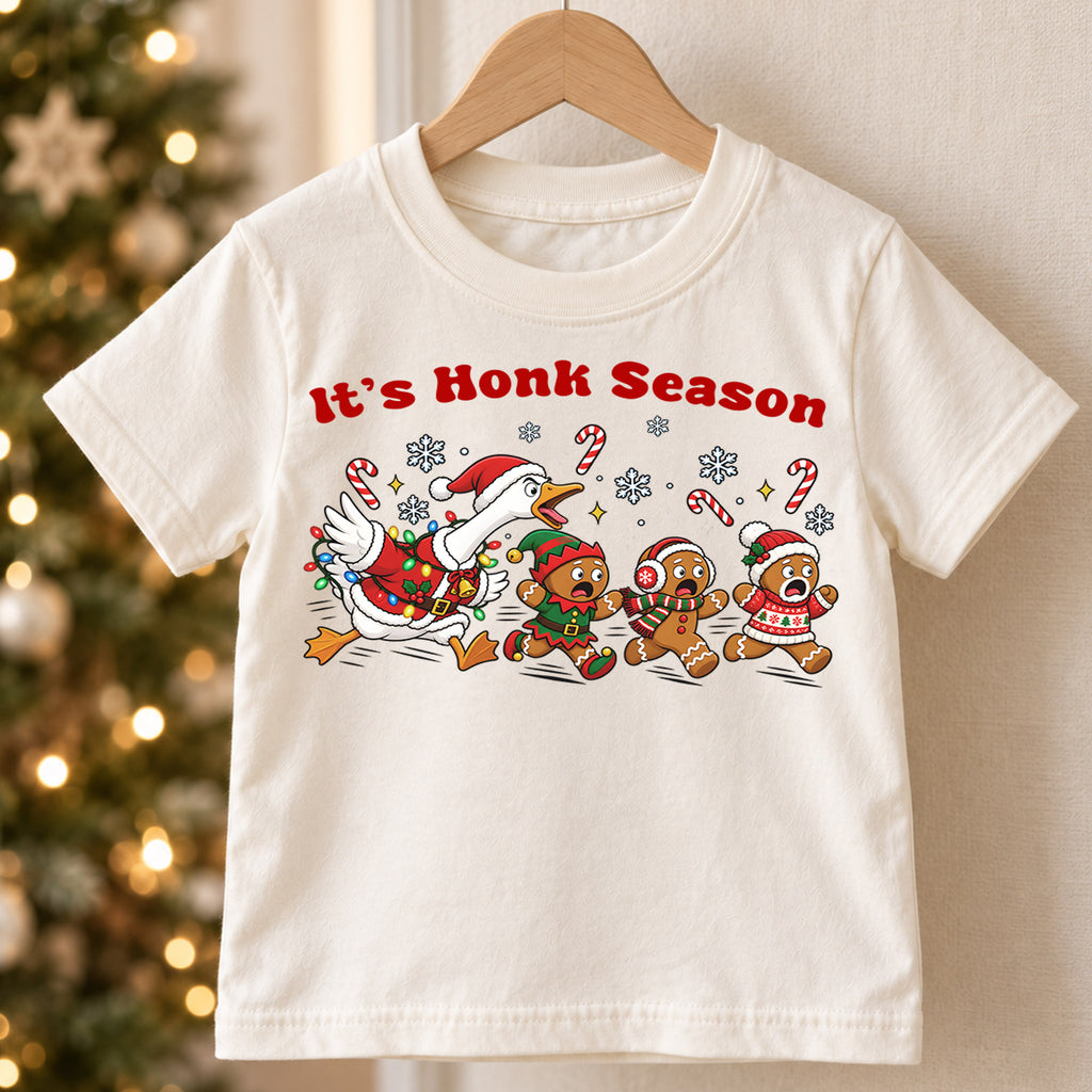 It's Honk Season Shirt, Funny Christmas Goose Kids T-Shirt, Running Gingerbread Toddler Tee, Silly Holiday Duck Graphic Top, Xmas Kids Gift — product view 5