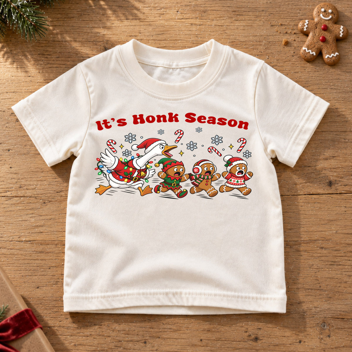 It's Honk Season Shirt, Funny Christmas Goose Kids T-Shirt, Running Gingerbread Toddler Tee, Silly Holiday Duck Graphic Top, Xmas Kids Gift — product view 6