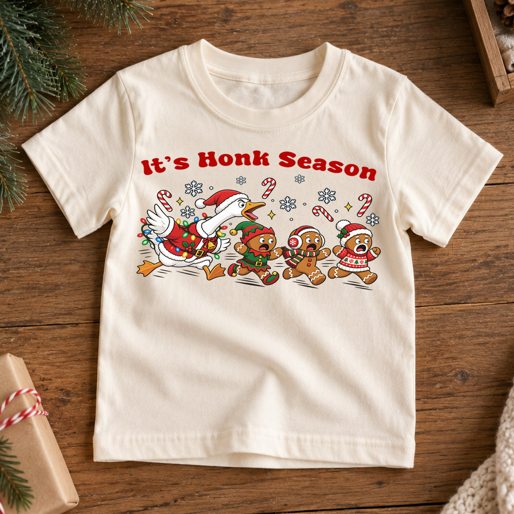 It's Honk Season Shirt, Funny Christmas Goose Kids T-Shirt, Running Gingerbread Toddler Tee, Silly Holiday Duck Graphic Top, Xmas Kids Gift — product view 7