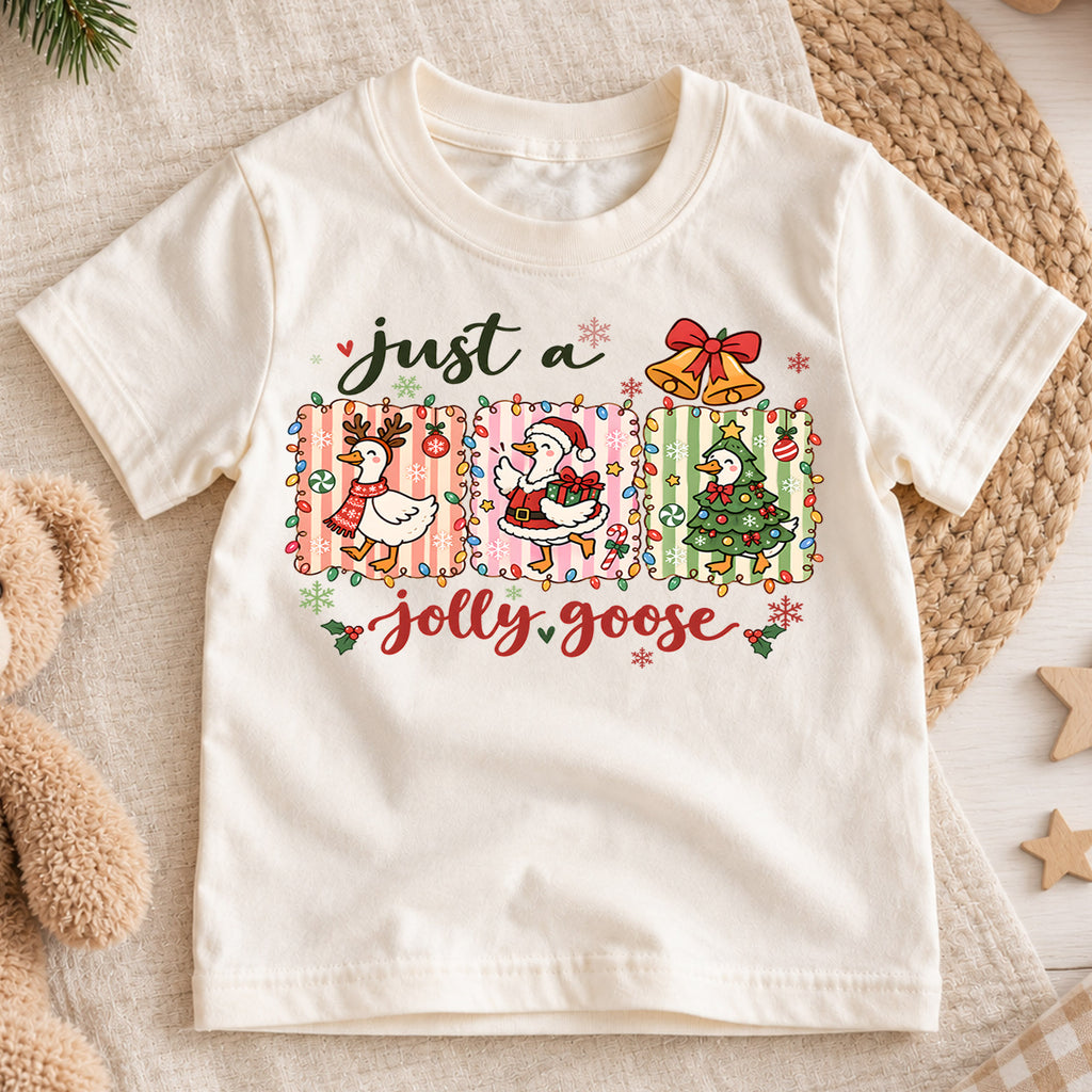 Just A Jolly Goose Shirt, Cute Christmas Goose Kids T-Shirt, Reindeer Santa Tree Duck Toddler Tee, Pastel Holiday Graphic Top, Winter Gift — product view 1