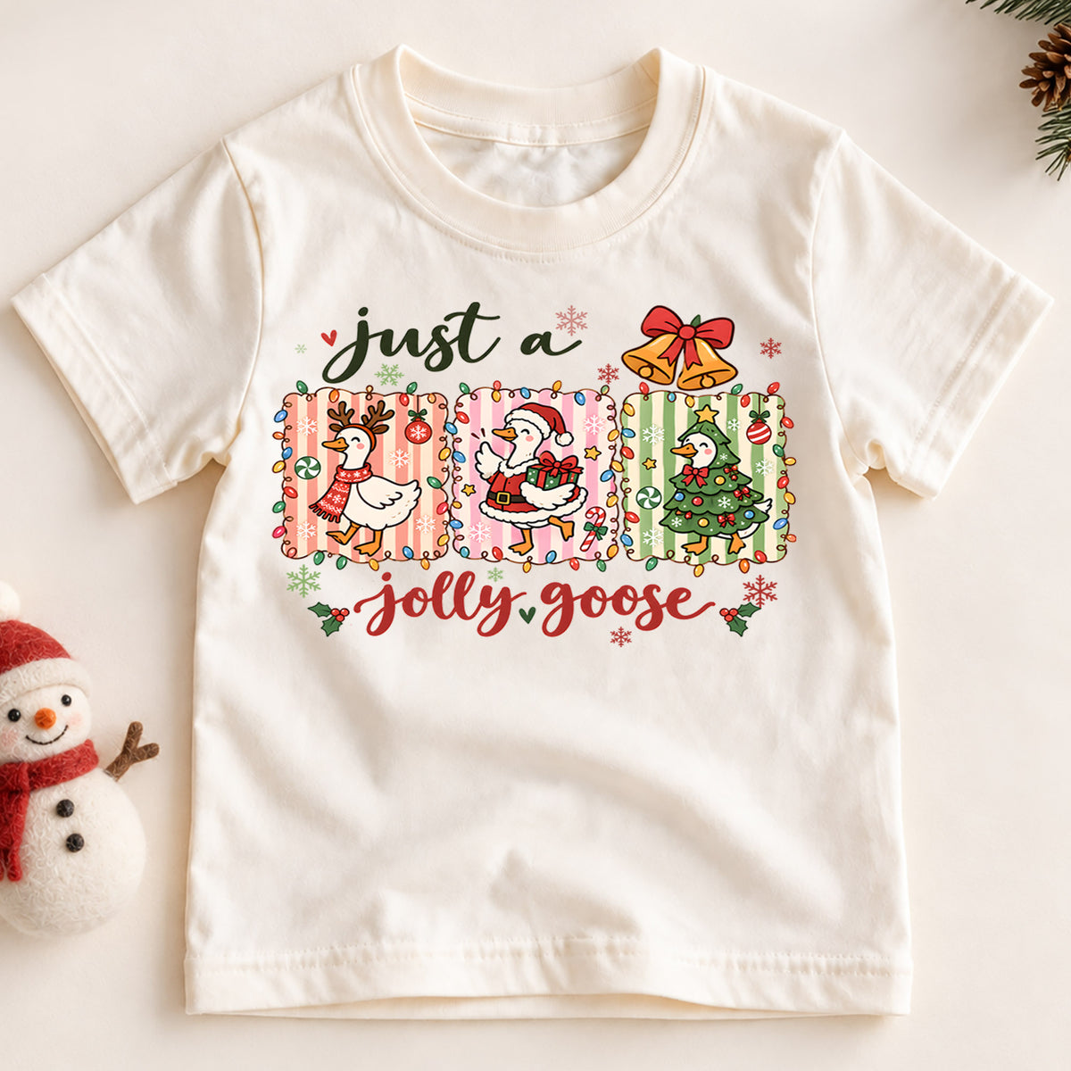 Just A Jolly Goose Shirt, Cute Christmas Goose Kids T-Shirt, Reindeer Santa Tree Duck Toddler Tee, Pastel Holiday Graphic Top, Winter Gift — product view 2