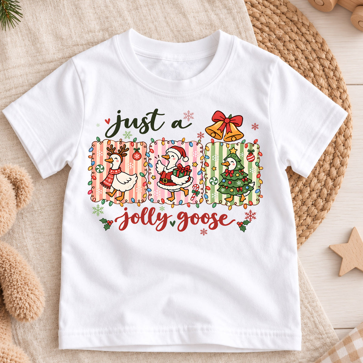 Just A Jolly Goose Shirt, Cute Christmas Goose Kids T-Shirt, Reindeer Santa Tree Duck Toddler Tee, Pastel Holiday Graphic Top, Winter Gift — product view 3