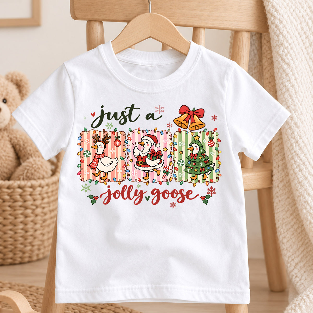 Just A Jolly Goose Shirt, Cute Christmas Goose Kids T-Shirt, Reindeer Santa Tree Duck Toddler Tee, Pastel Holiday Graphic Top, Winter Gift — product view 4