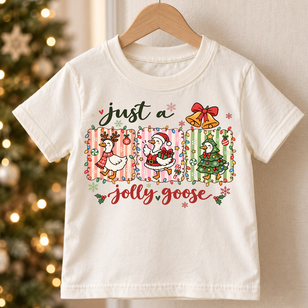 Just A Jolly Goose Shirt, Cute Christmas Goose Kids T-Shirt, Reindeer Santa Tree Duck Toddler Tee, Pastel Holiday Graphic Top, Winter Gift — product view 5