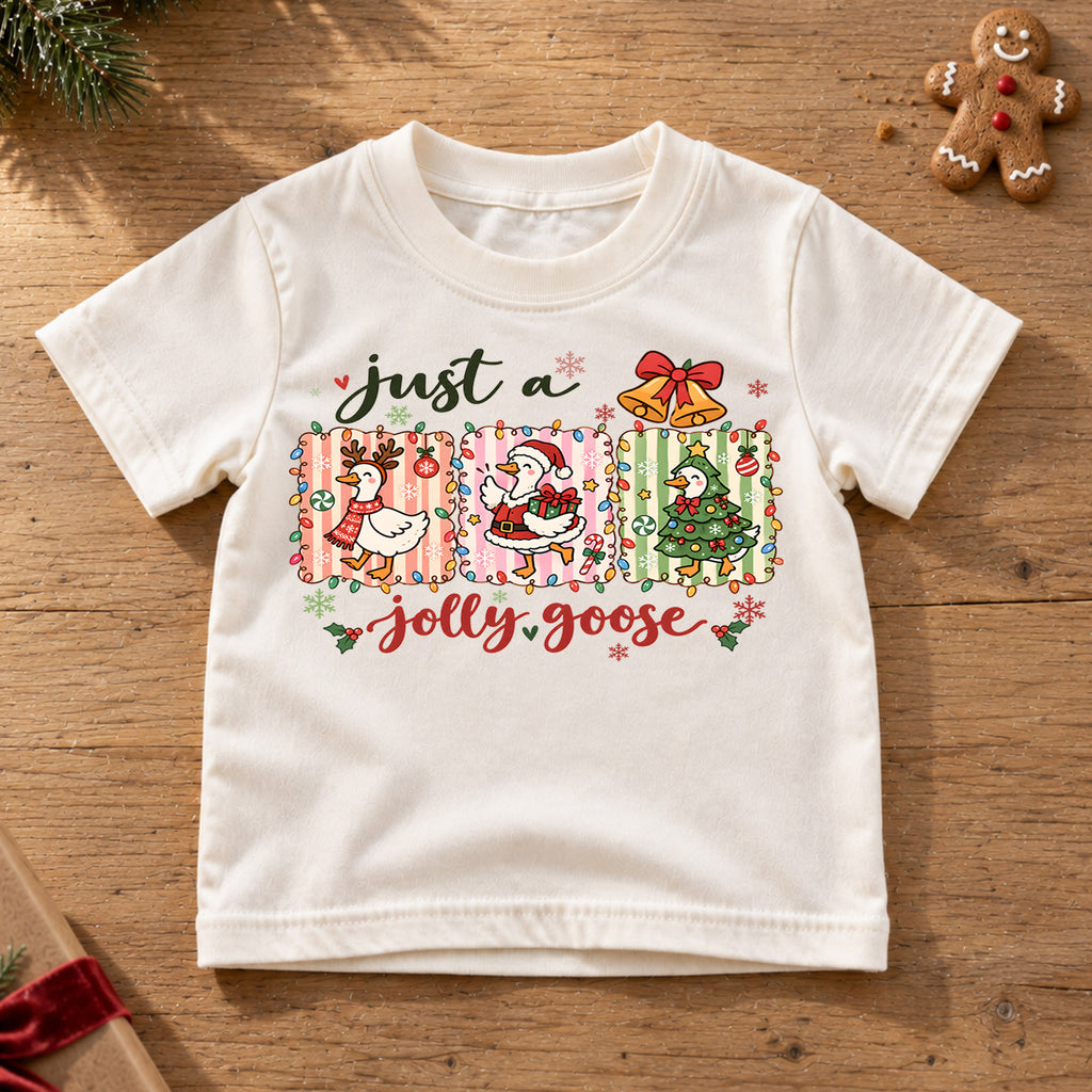 Just A Jolly Goose Shirt, Cute Christmas Goose Kids T-Shirt, Reindeer Santa Tree Duck Toddler Tee, Pastel Holiday Graphic Top, Winter Gift — product view 6