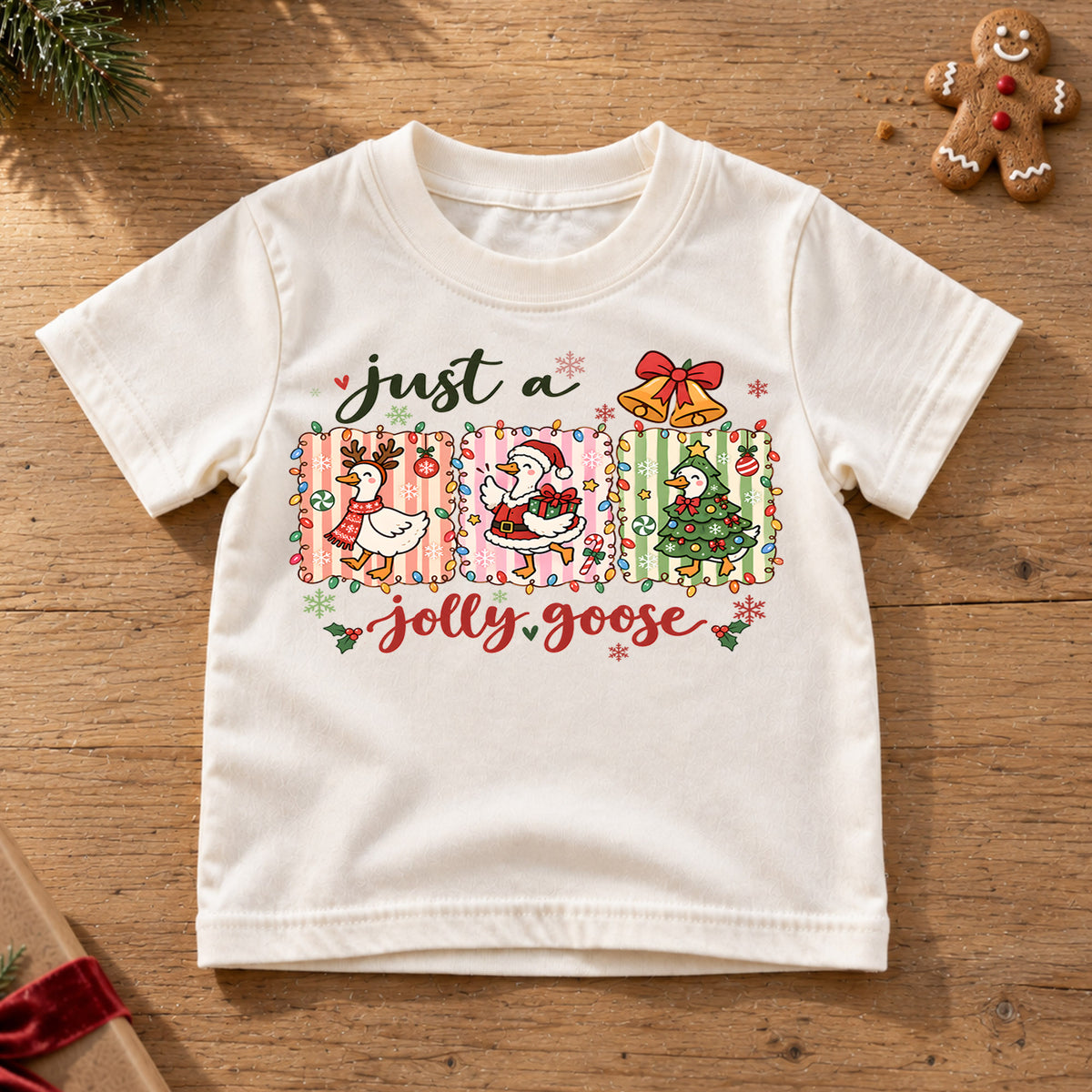 Just A Jolly Goose Shirt, Cute Christmas Goose Kids T-Shirt, Reindeer Santa Tree Duck Toddler Tee, Pastel Holiday Graphic Top, Winter Gift — product view 6