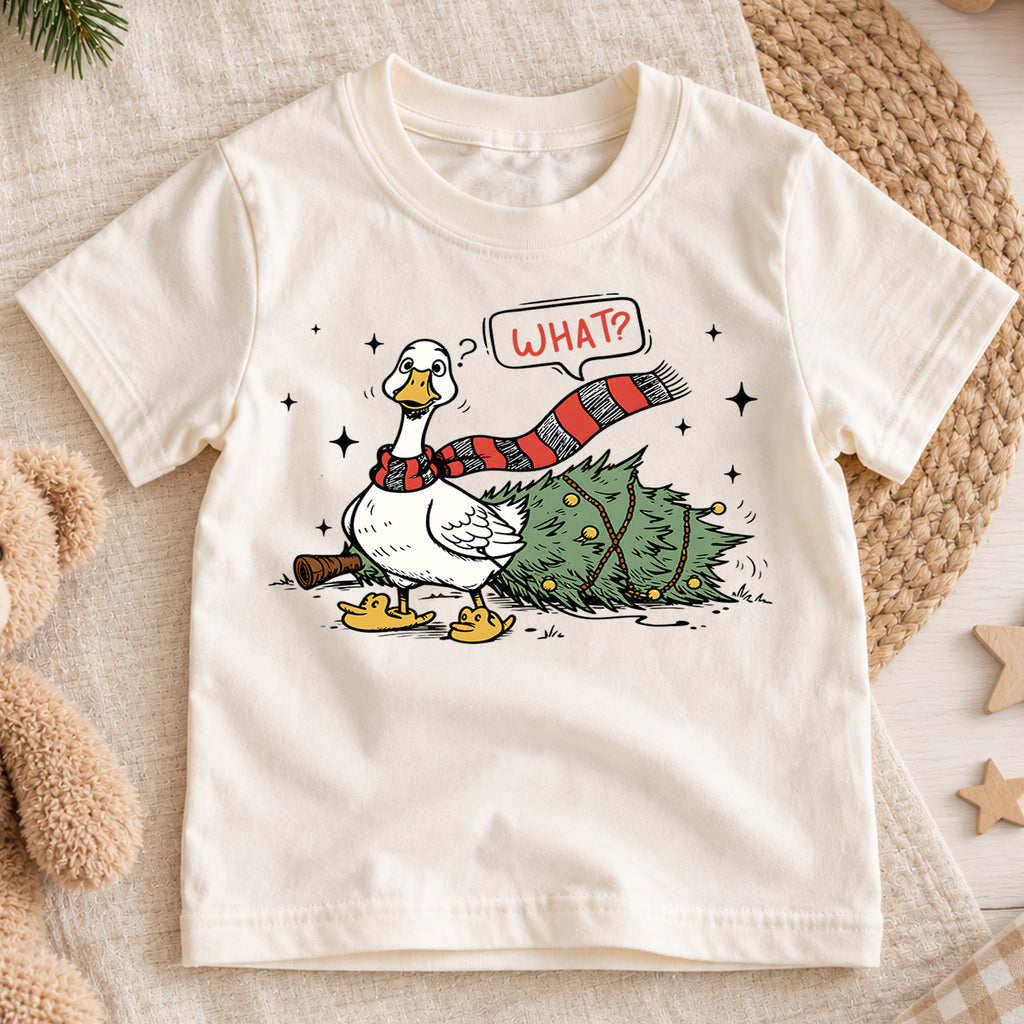Funny Christmas Goose Shirt, Duck Knocks Over Tree Kids T-Shirt, Silly Goose Toddler Holiday Tee, Innocent Goose Graphic Top, Xmas Kids Gift — product view 1