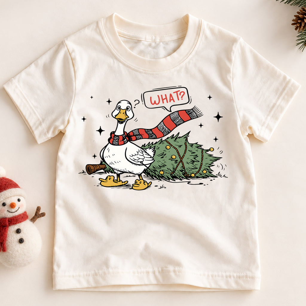Funny Christmas Goose Shirt, Duck Knocks Over Tree Kids T-Shirt, Silly Goose Toddler Holiday Tee, Innocent Goose Graphic Top, Xmas Kids Gift — product view 2