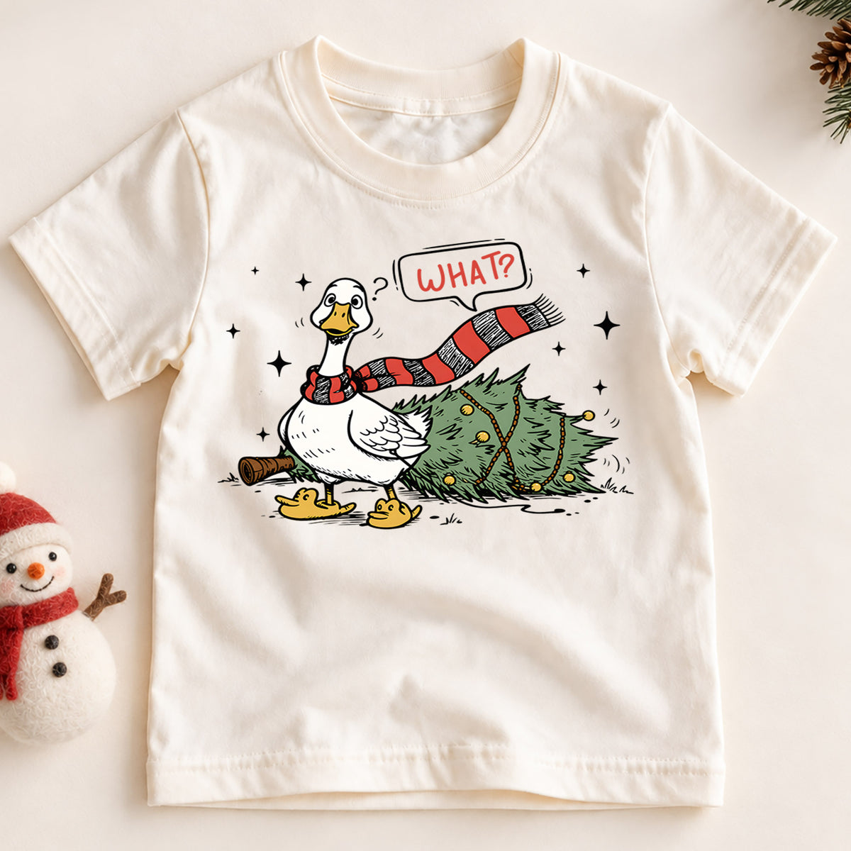 Funny Christmas Goose Shirt, Duck Knocks Over Tree Kids T-Shirt, Silly Goose Toddler Holiday Tee, Innocent Goose Graphic Top, Xmas Kids Gift — product view 2