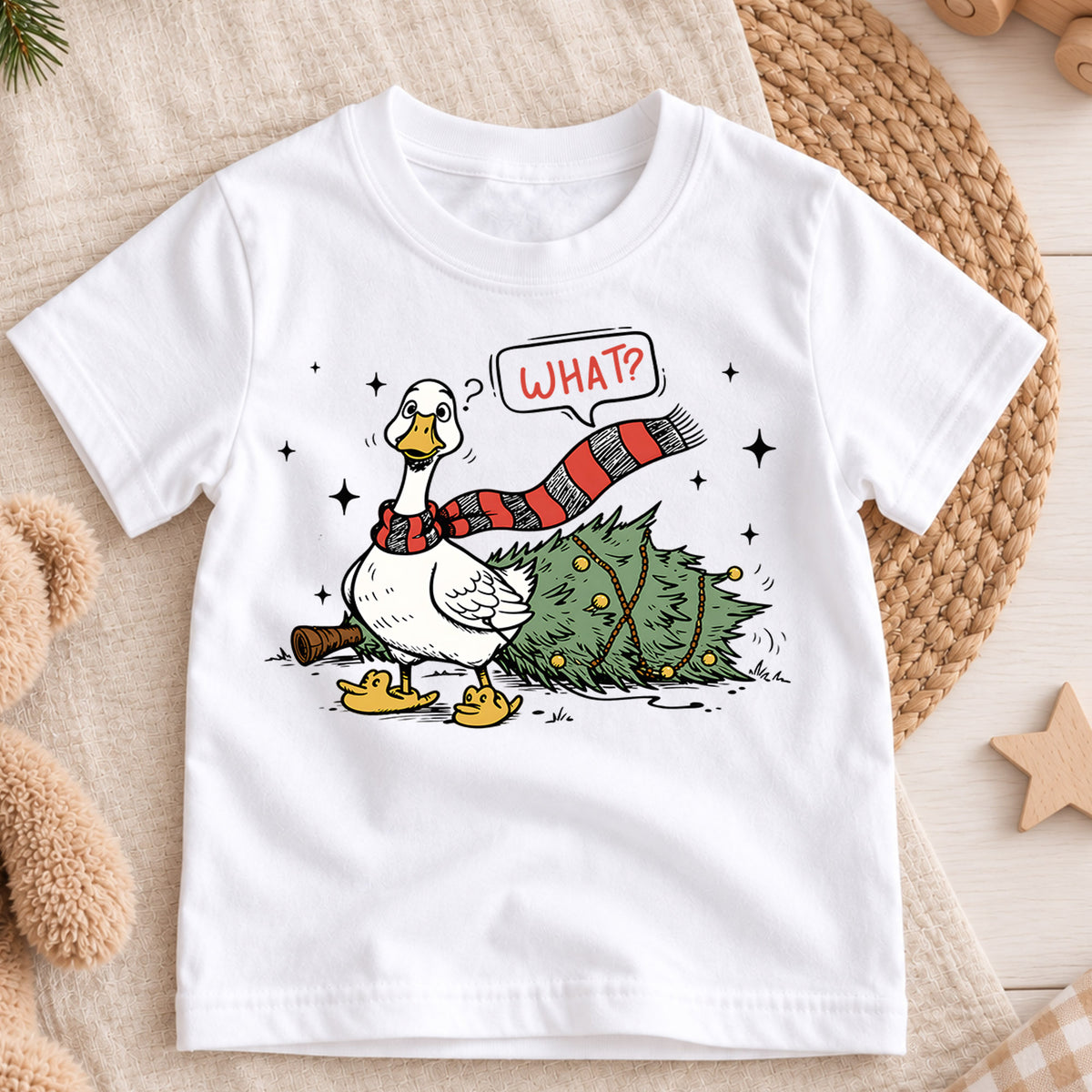 Funny Christmas Goose Shirt, Duck Knocks Over Tree Kids T-Shirt, Silly Goose Toddler Holiday Tee, Innocent Goose Graphic Top, Xmas Kids Gift — product view 3