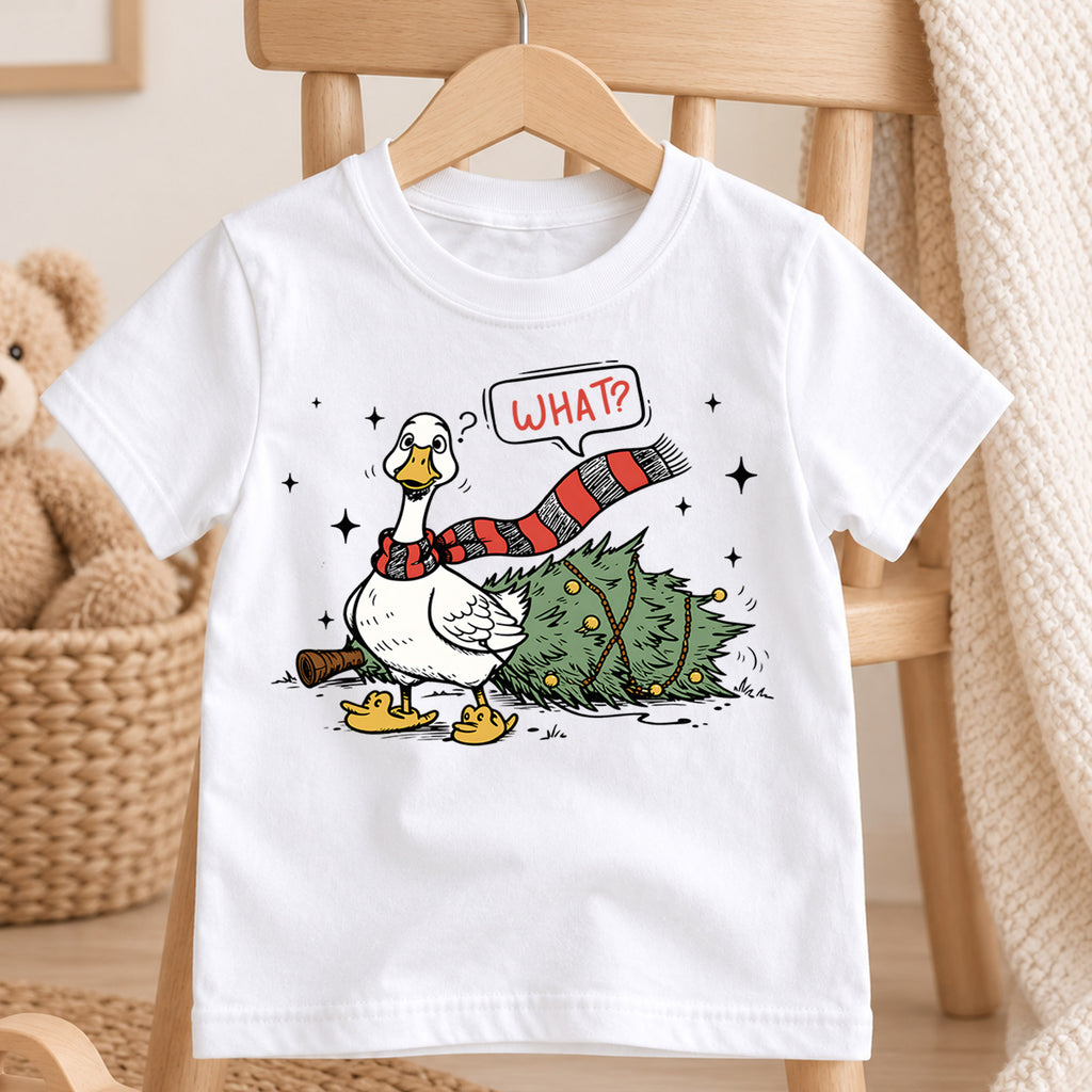 Funny Christmas Goose Shirt, Duck Knocks Over Tree Kids T-Shirt, Silly Goose Toddler Holiday Tee, Innocent Goose Graphic Top, Xmas Kids Gift — product view 4