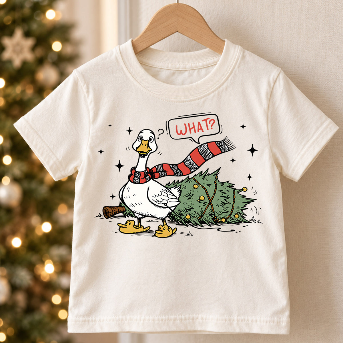 Funny Christmas Goose Shirt, Duck Knocks Over Tree Kids T-Shirt, Silly Goose Toddler Holiday Tee, Innocent Goose Graphic Top, Xmas Kids Gift — product view 5
