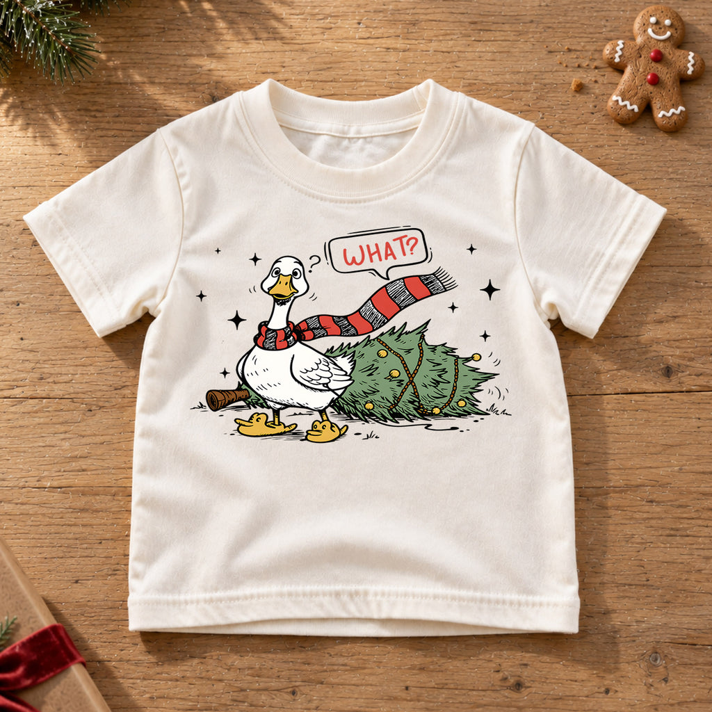 Funny Christmas Goose Shirt, Duck Knocks Over Tree Kids T-Shirt, Silly Goose Toddler Holiday Tee, Innocent Goose Graphic Top, Xmas Kids Gift — product view 6