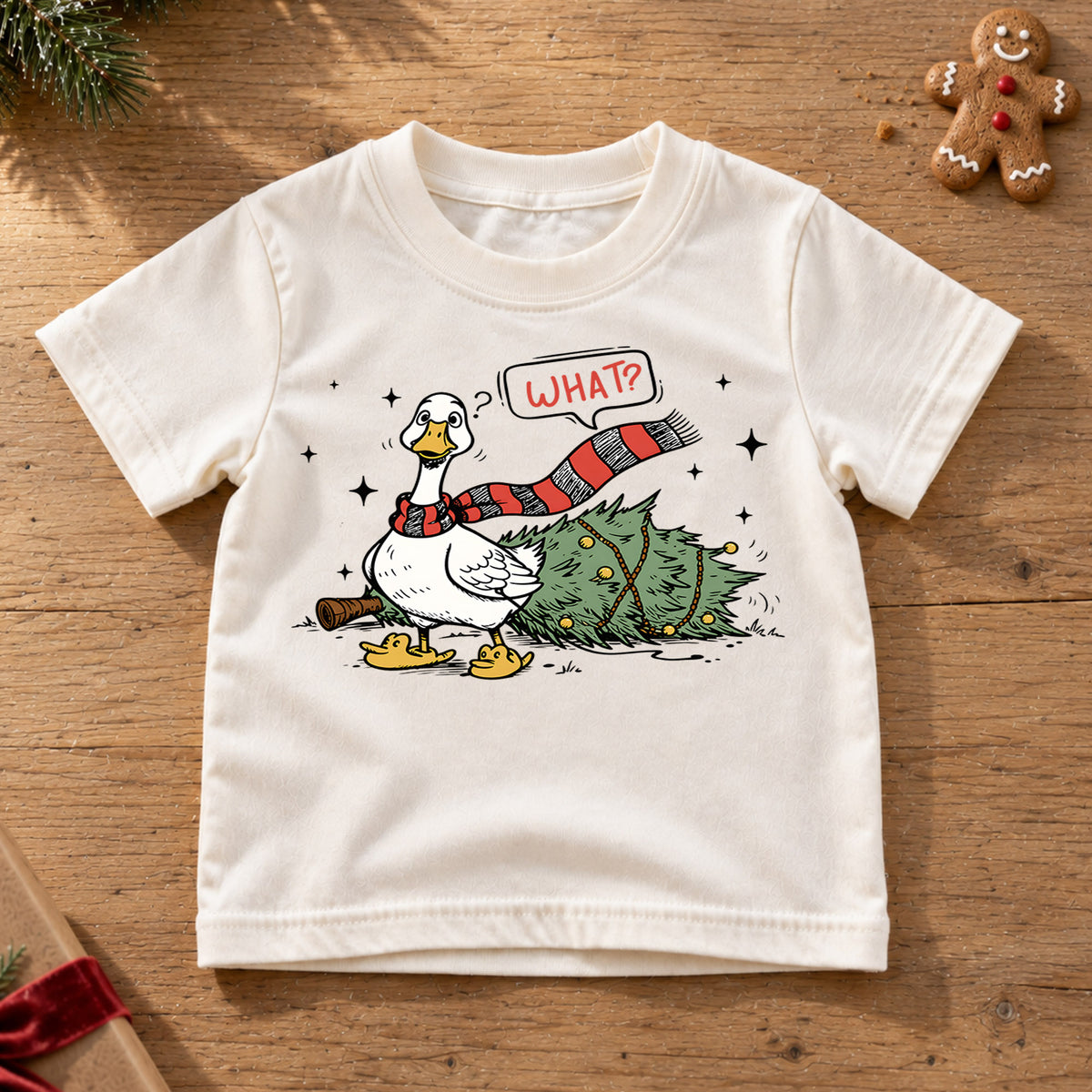Funny Christmas Goose Shirt, Duck Knocks Over Tree Kids T-Shirt, Silly Goose Toddler Holiday Tee, Innocent Goose Graphic Top, Xmas Kids Gift — product view 6