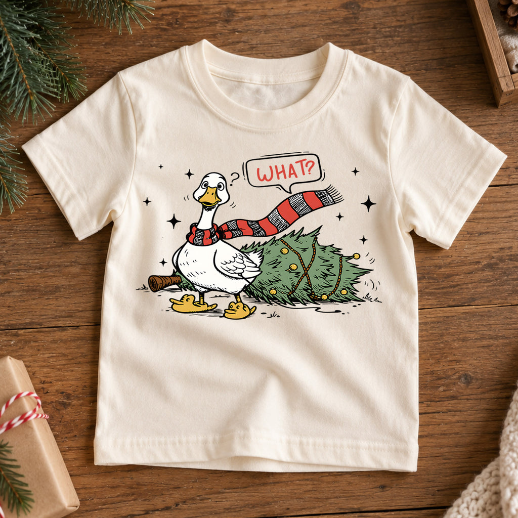 Funny Christmas Goose Shirt, Duck Knocks Over Tree Kids T-Shirt, Silly Goose Toddler Holiday Tee, Innocent Goose Graphic Top, Xmas Kids Gift — product view 7